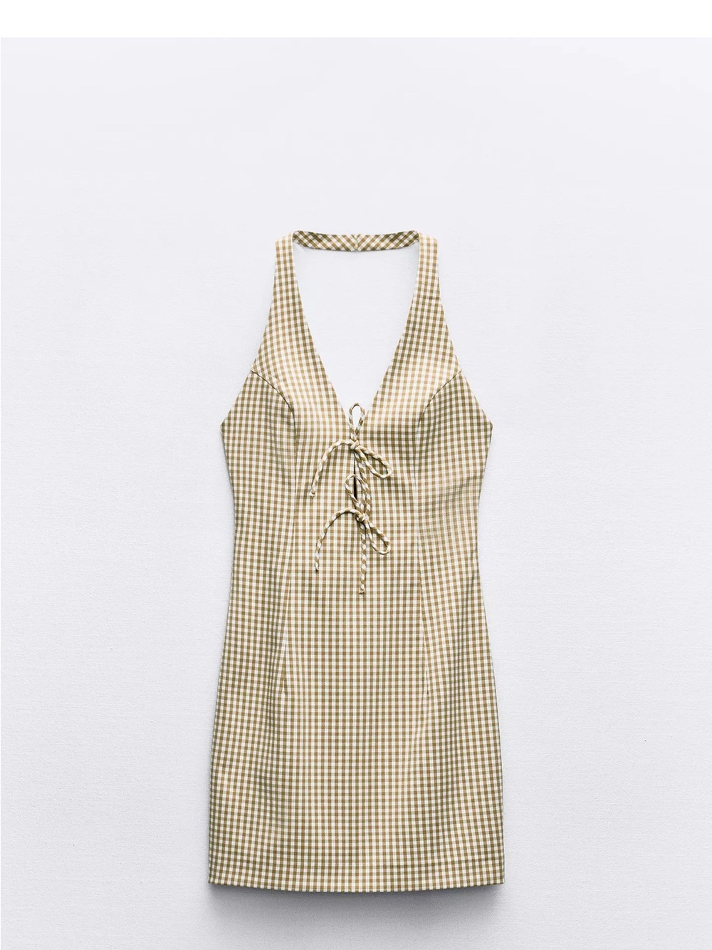 Zara Beige & White Gingham Halter Tie-Front Mini Dress